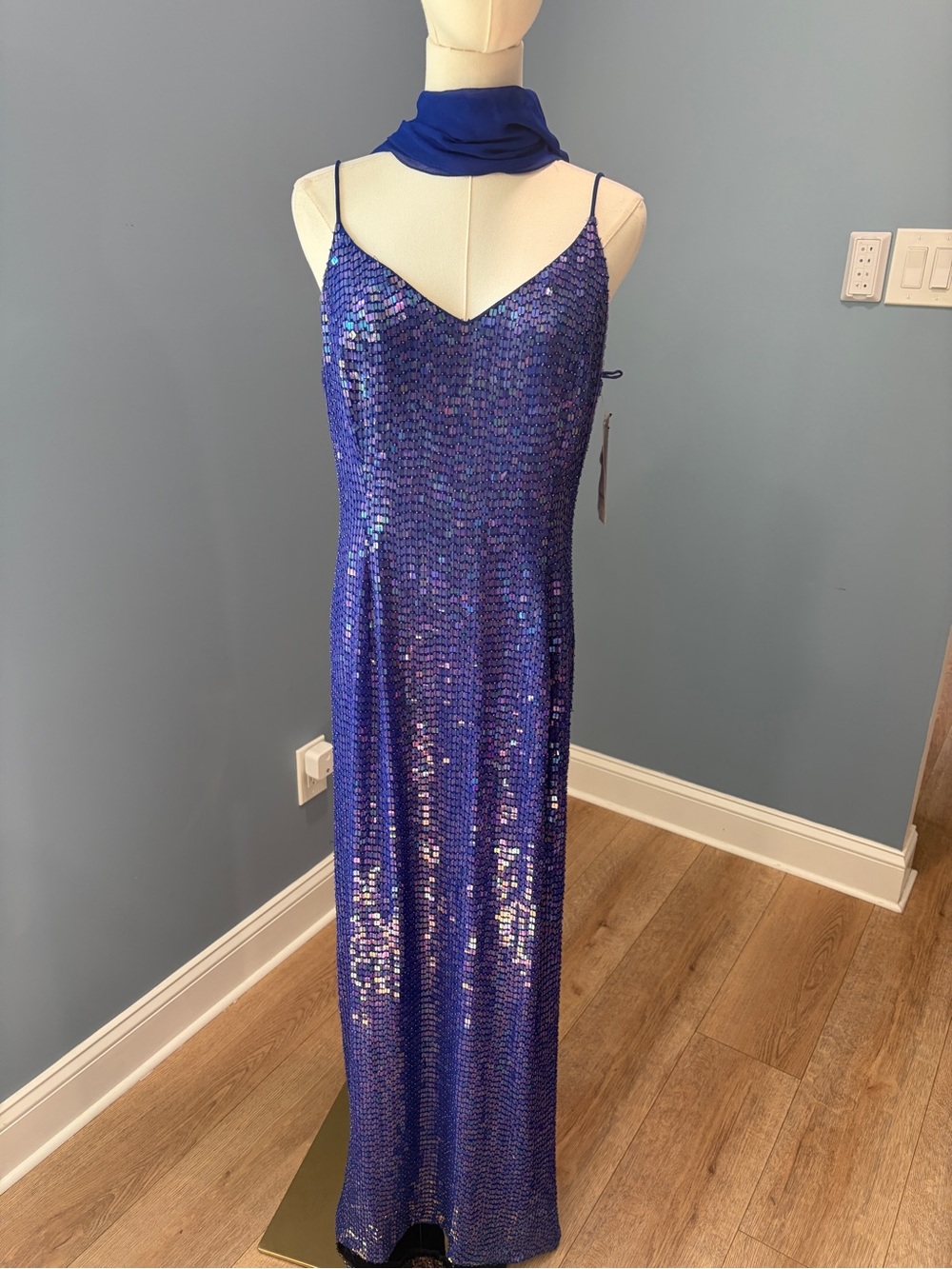 Marina Royal Blue Sequin Beaded Evening Gown Dress & Chiffon Scarf Size 10 NWT